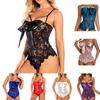 Women's Lace Lingerie Self Knot Front  Babydoll Open Crotch One-Piece Embroider Floral Lace Bodysuit Sexy Babydoll