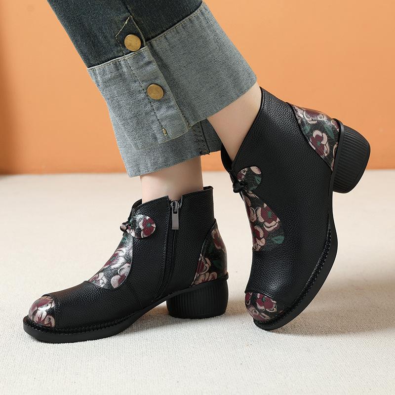 GKTINOO Ethnic Style Mother Shoes Genuine Leather Women's Short Boots  2025 Autumn Winter Round Toe Soft Sole Thick Heels Boots