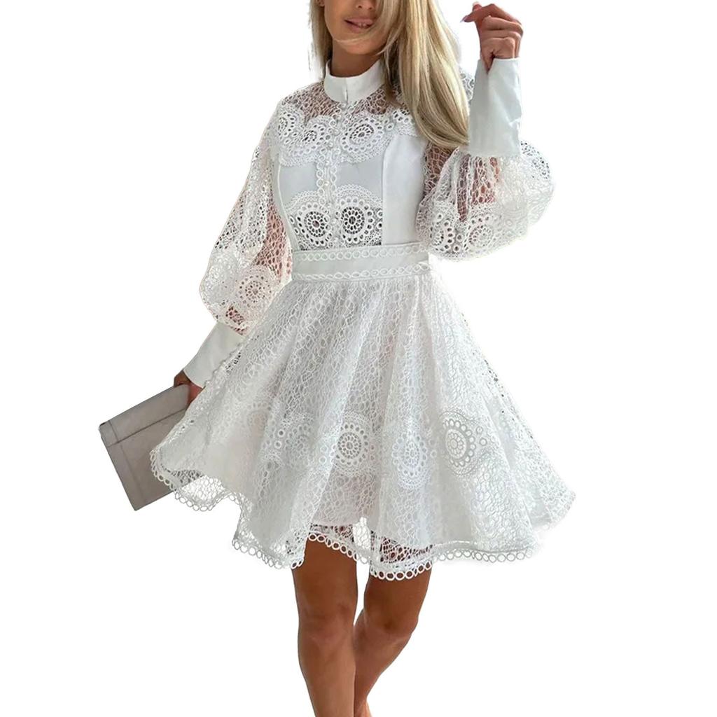 Women's Lace Embroidery Bishop Sleeve Dress Banquet Evening Dress