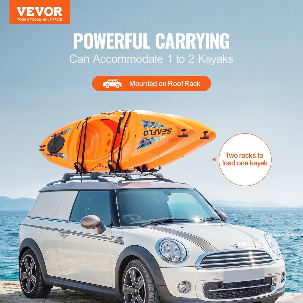 Kayak Roof Rack 2 Pairs J-Bar, Soft Roof Rack Quick Folding, Top Mount Tie Down, Carrier for Kayak, Surf Board, Canoe, SUP, Ski Board, Mount On Car,