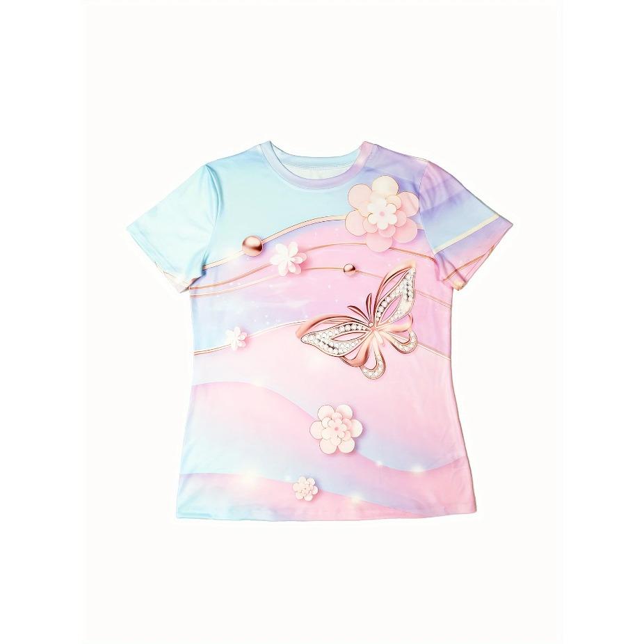 Vibrant Butterfly Print Crew Neck T-Shirt Soft Slight Stretch Polyester Regular Fit Short Sleeve Spring & Summer Womens Casual Clothing