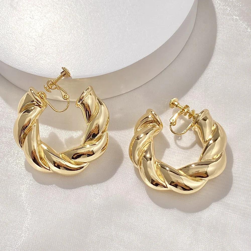 Vintage Oversize Chunky Round Circle Clip Earring for Women C Shape Tube Thick Without Pierced Hoop Earclips Jewelry Trendy