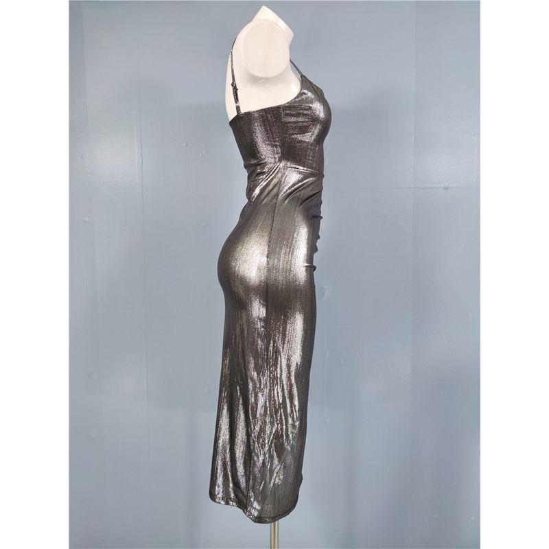 Export Single Sling Graceful and Fashionable High Quality Bright Silk Ruched Split Slimming Sexy Metal Feeling Adult Lady like Woman Dress