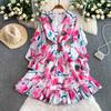 French holiday style super fairy chiffon printed V-neck dress women's elastic waist and thin ruffle edge medium and long dress