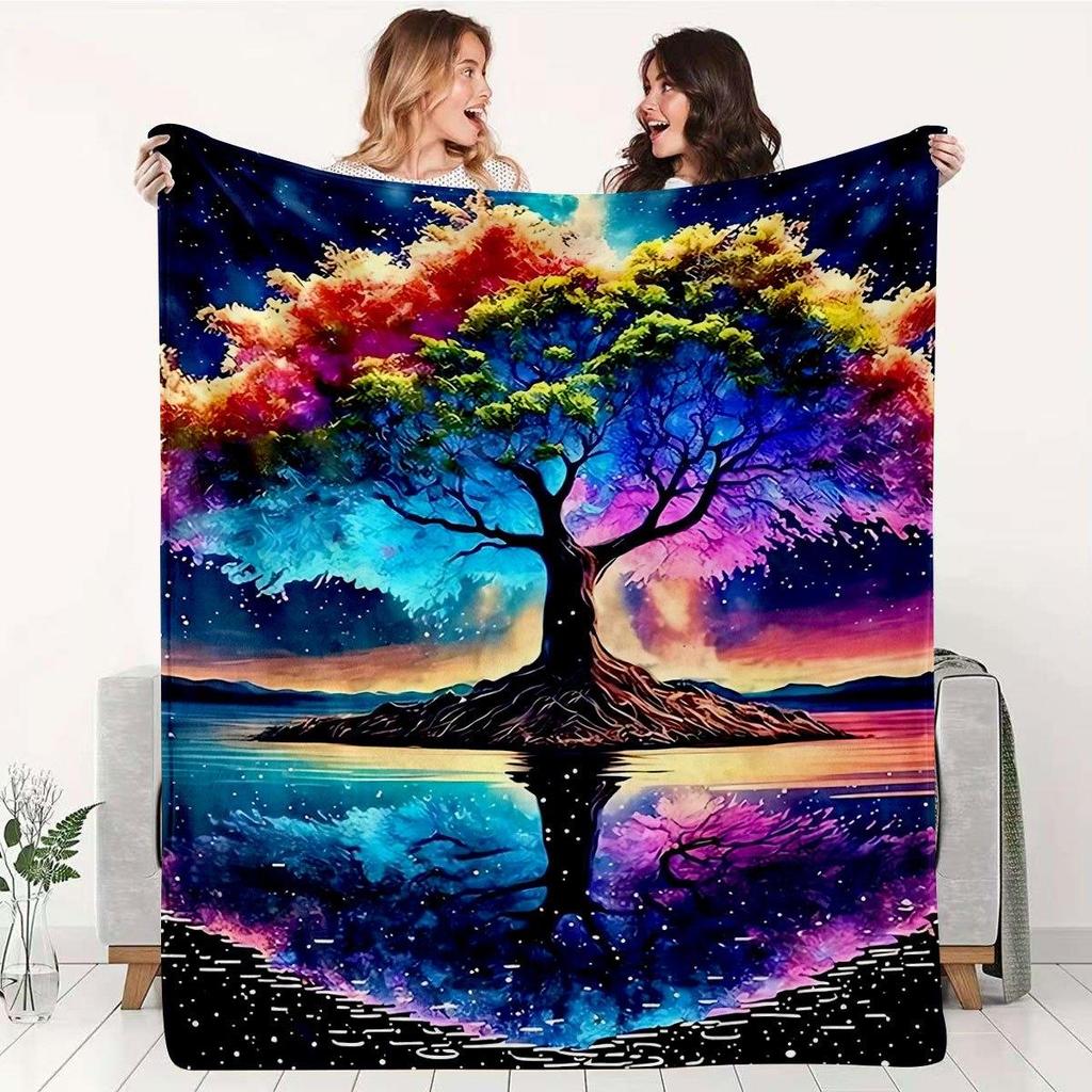1pc Starry Rainbow Tree Printed Blanket Thickened And Warm for Winter Suitable for Bedroom Living Room Sofa Cover Office Nap