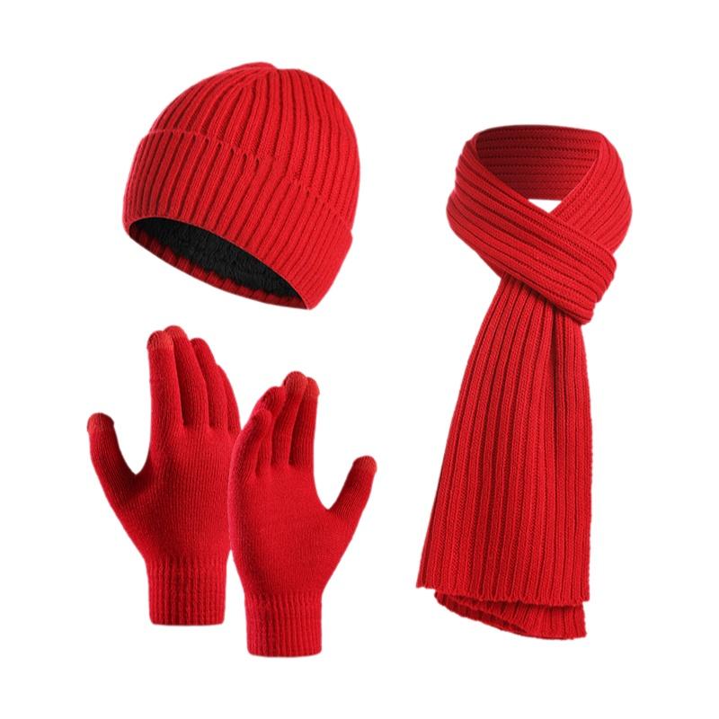 Unisex Custom Logo 3pcs Knitted Plain Polyester/Cotton Beanie Hat Scarf Gloves Set Long Warm Winter Clothing for Men Women