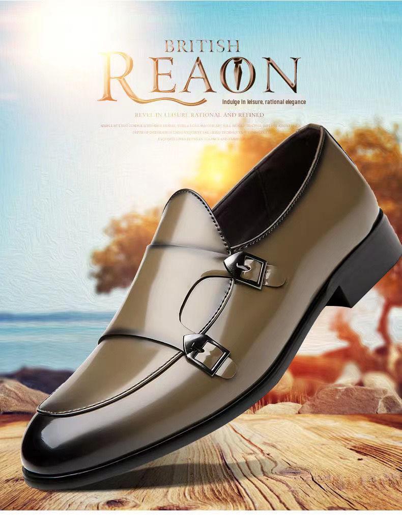 Men's Business Casual Double Buckle Pointed Toe Leather Monk Shoes - Shiny English Style Formal Footwear.
