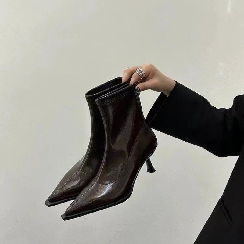 Fashion Booties Women Autumn New Pointed Toe Rear Zipper Anti-slip Wear-resistant Skinny Heel High Heel Skinny Boots