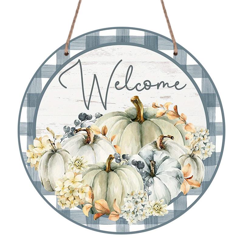 2D Flat, 1pc Round Aluminum Hanging Sign, "Welcome" Pumpkins Grey Autumn Metal Sign, Farmhouse Front Porch Yard Patio Home Autumn Wall Decor