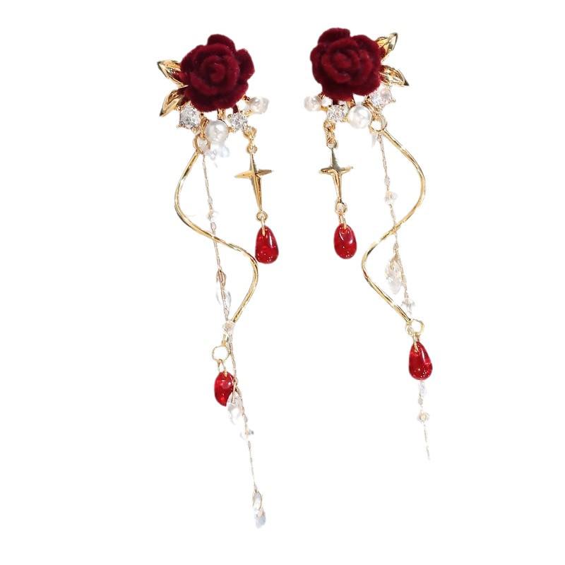 2025 New Year Red Velvet Pearl Earrings: Retro Hong Kong Style Whitening Studs for Women
