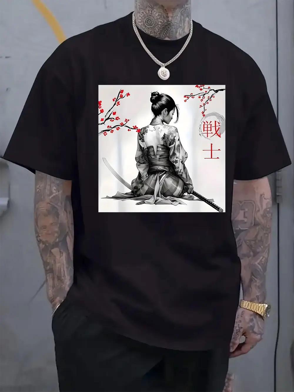 Samurai Art Print T-shirt - Traditional Japanese Warrior Design with Cherry Blossoms XL