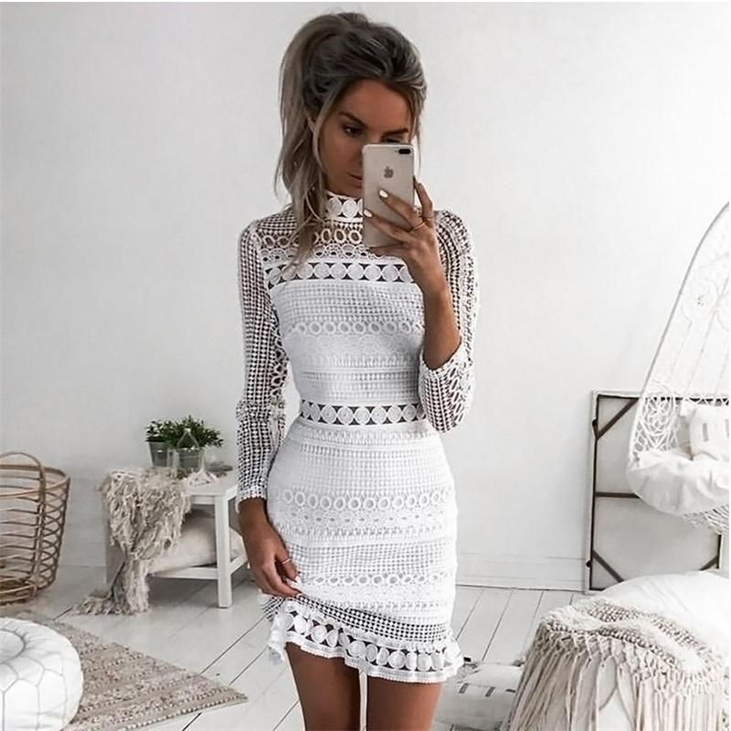 Elegante Bodycon Sexy frauen Kleid für Frauen 2022 Sommer Mini Spitze Langarm Aushöhlen Club Kleider Frau Robe Femme damen