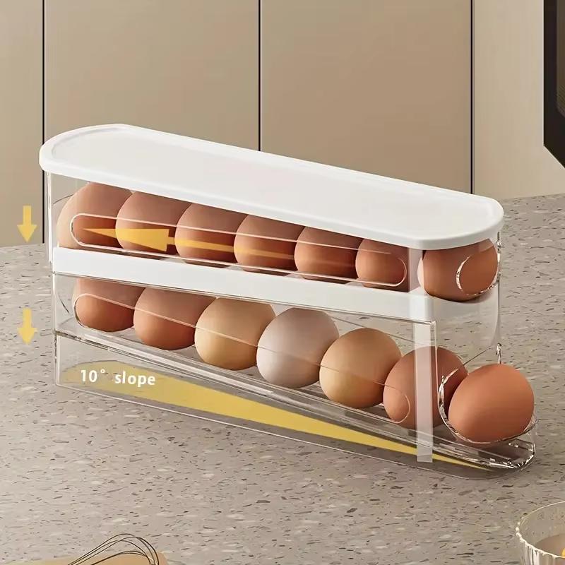 12-14 Eggs Automatic Double-Layer Sliding Egg Storage Box Hinged Design Plastic Material Space Saver Egg Rack for Kitchen