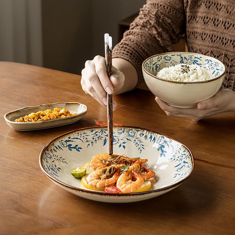 Blue Hibiscus Series Irregular Ceramic Bowls, Plates, Single Housewarming, High-Value Tableware Export