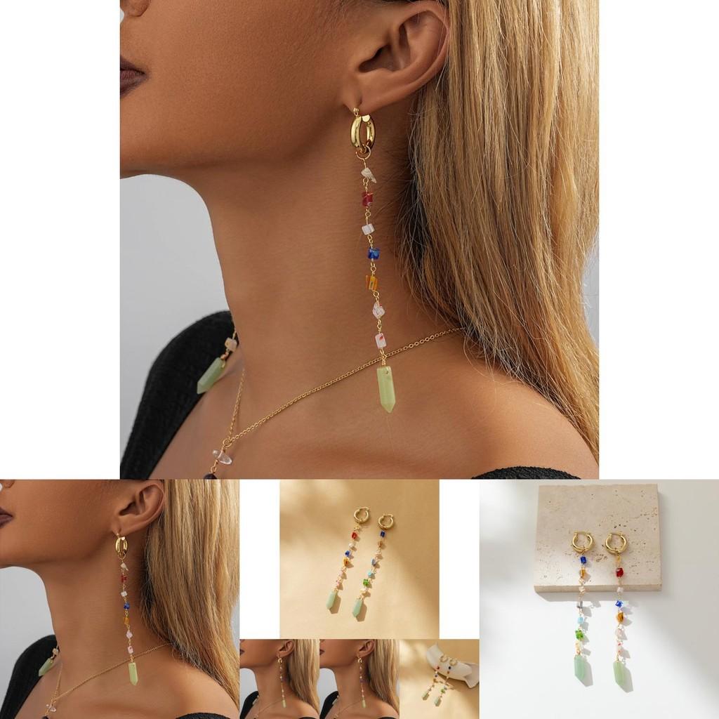 Unique Geometric Natural Stone Earrings With Colorful Chain Details Perfect For Street Style