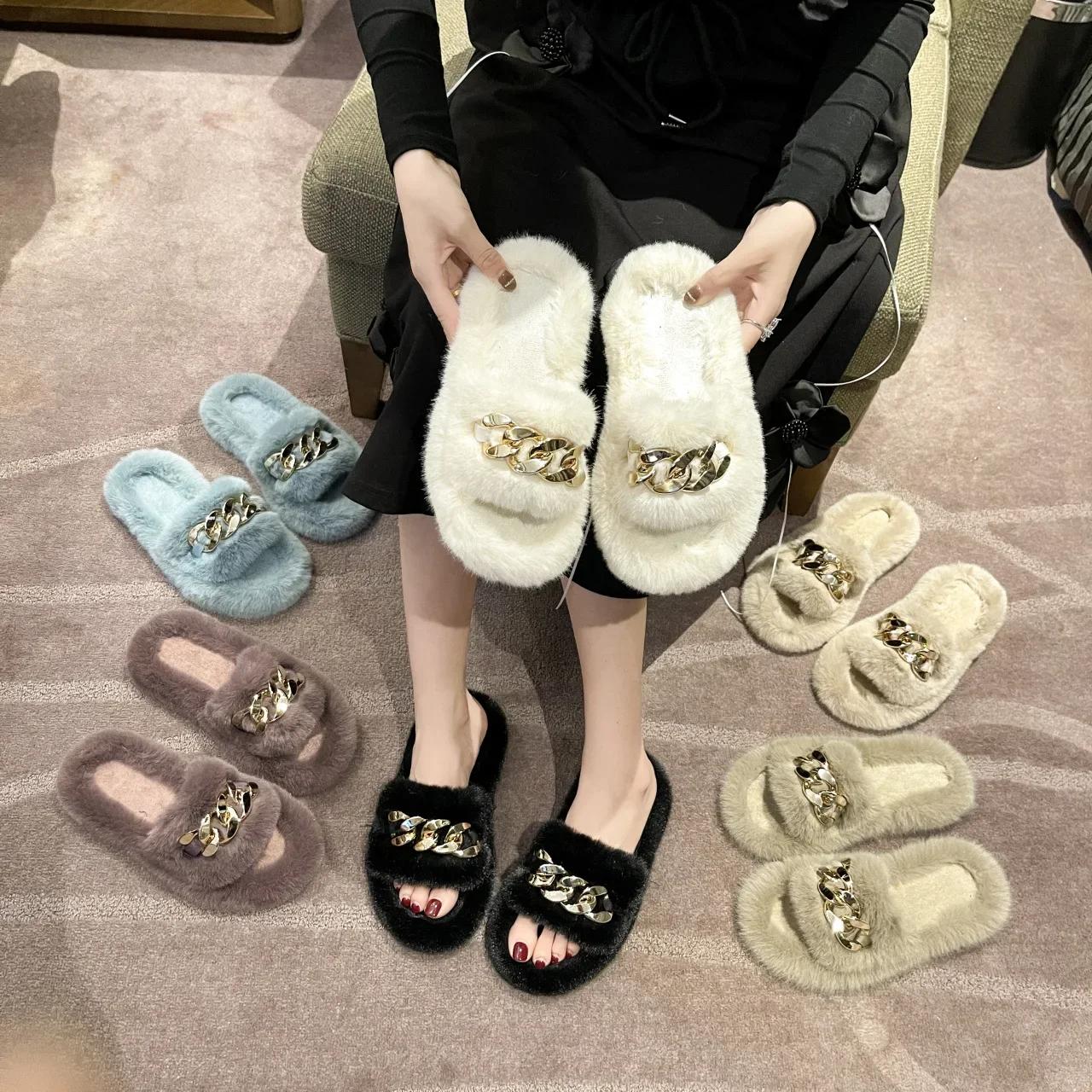 Зимние тапочки женские цепочные толстые подошвы плюшевые тапочки модные женские уличные — фото 6