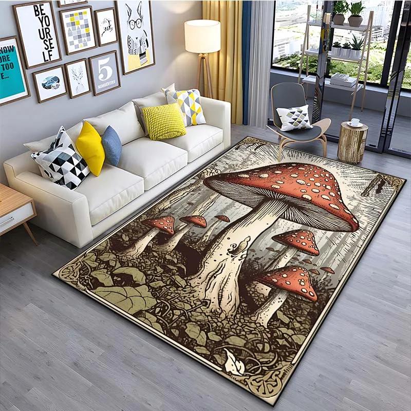 Fantasy Forest Mushroom Pattern Area Rug for Living Room Bedroom Bedside Non-Slip Floor Mat Nature-Inspired Home Decor