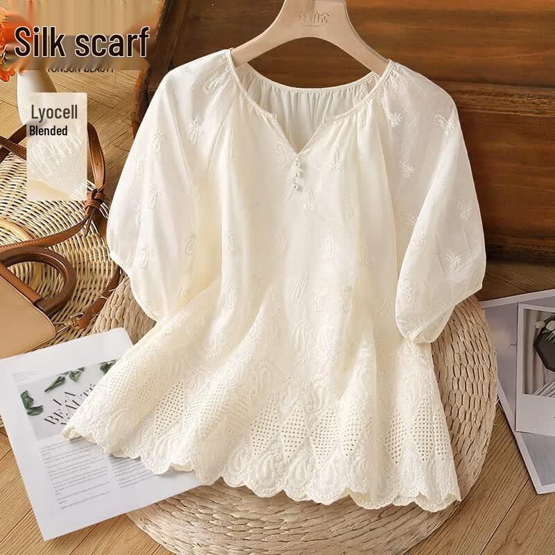 Women s Lyocell Blend Lace Trim Short Sleeve Blouse S абрикосовый