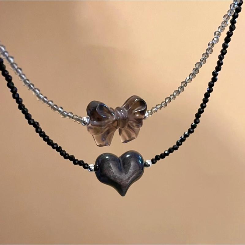 Stylish Bowknot/Heart Pendant Necklace Handmade Beaded Neckchain Bows Ornaments