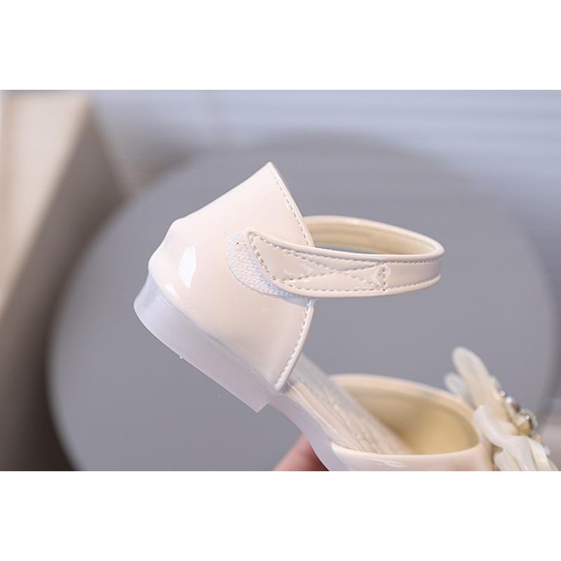 Girls' Angel Button and Bow-Decorated Patent Leather Soft-Sole Princess Shoes / Fish-Mouth Children's Princess Sandals