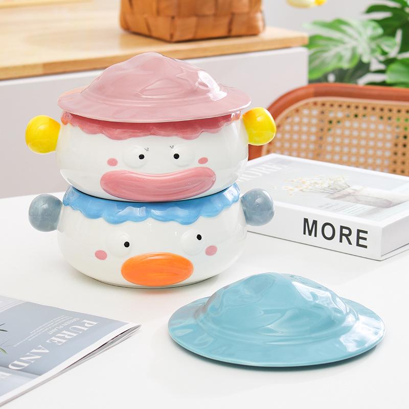 Creative Duckling Ceramic Instant Noodle Bowl with Lid Cute Student Breakfast Instant Noodle Bowl Large Soup Rice Bowl Microwave Oven