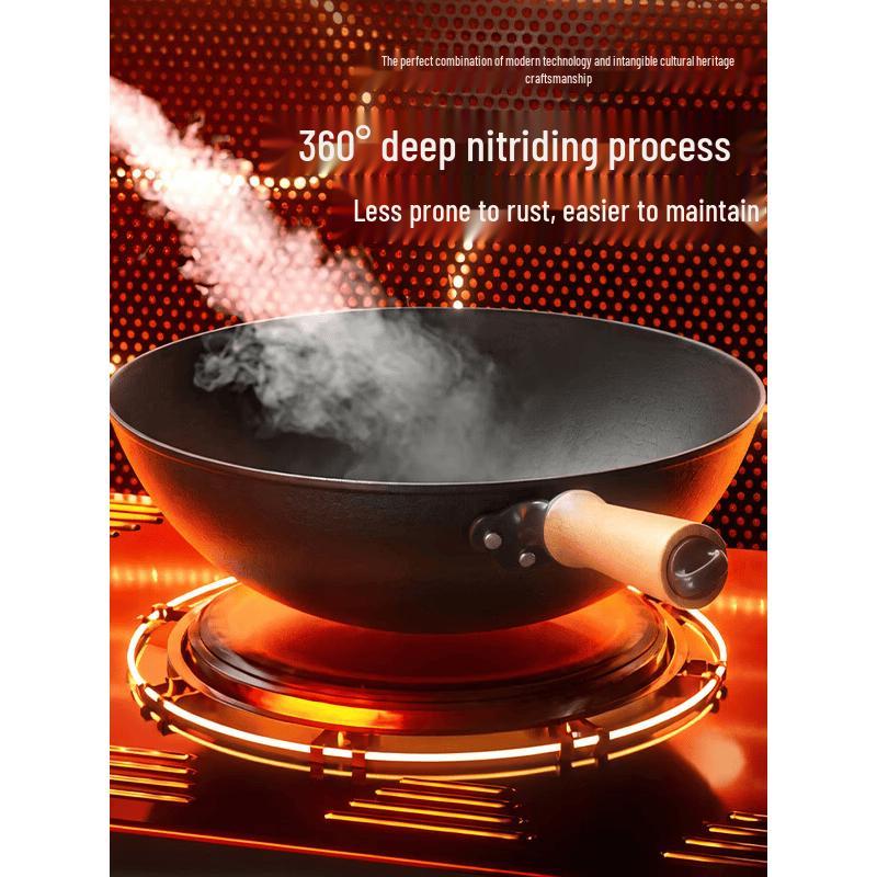 COOKER KING Hand-Cast Non-Coated Cast Iron Flat Wok
