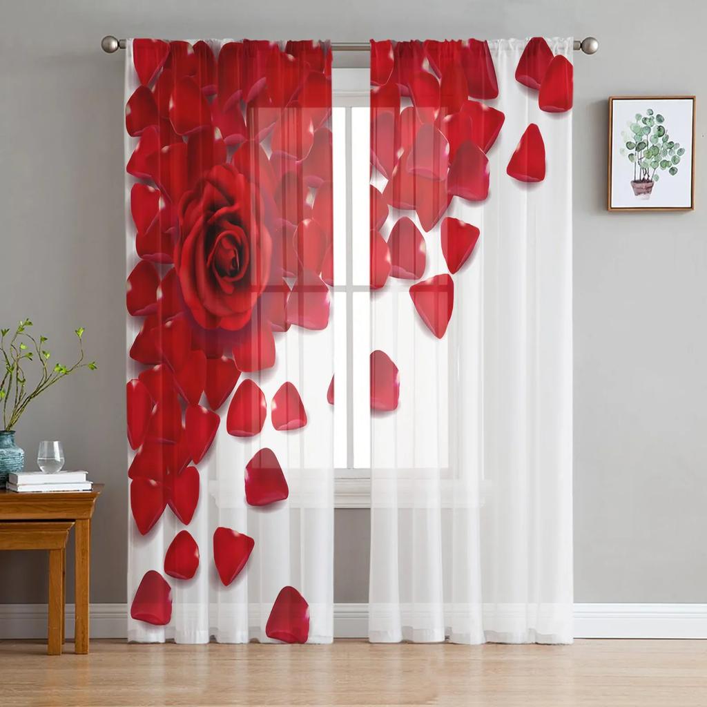 Red Rose Flower Plant White Chiffon Sheer Curtains for Living Room Bedroom Home Decoration Window Voiles Tulle Drapes Curtain