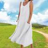 Vestido Maxi Feminino de Linho com Gola U, Sem Mangas e com Bolsos