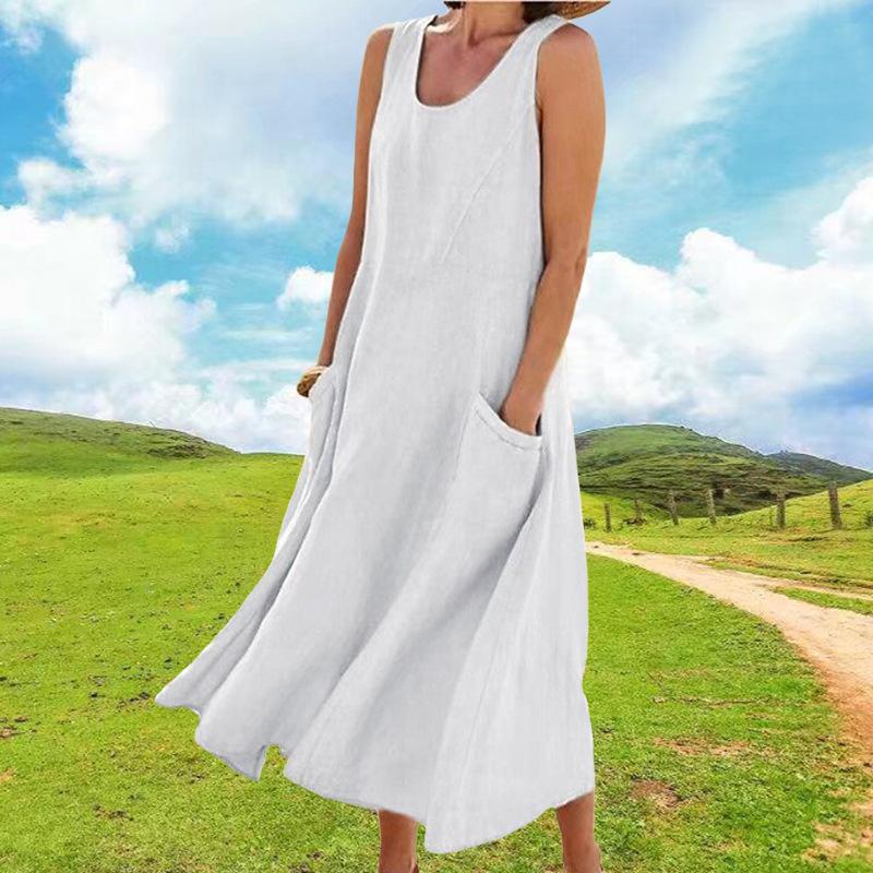 

Women U Neck Sleeveless Linen Blend Maxi Dress With Pockets S білий