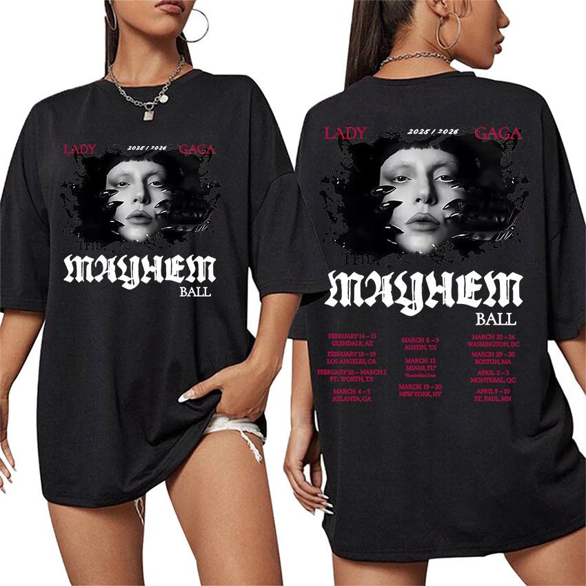 Lady Gaga The Mayhem Ball Album Tour 2025 Print T-Shirt Unisex Women Hip Hop Retro Style Cotton Oversized T Shirts Fans Streetwear