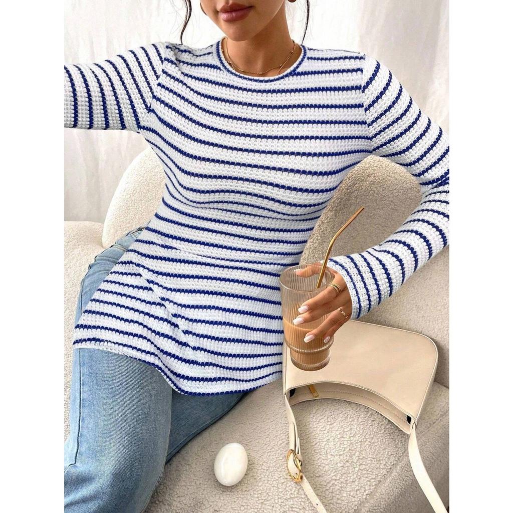 Nowa, swobodna, damska koszula z okrągłym dekoltem i długim rękawem, uniwersalny top z rozcięciem, seksowny T-shirt