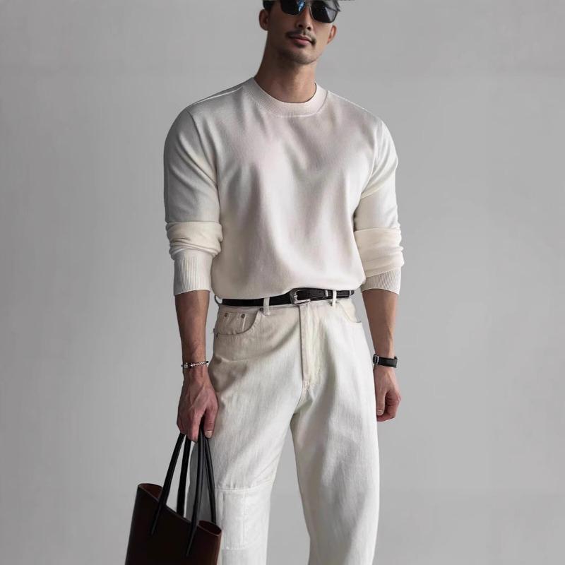 

American Small Neckline Core-spun Yarn Sweater for Men European Slim Long-sleeved Sweatshirt Soft Waxy Bottoming Pullovers L белый