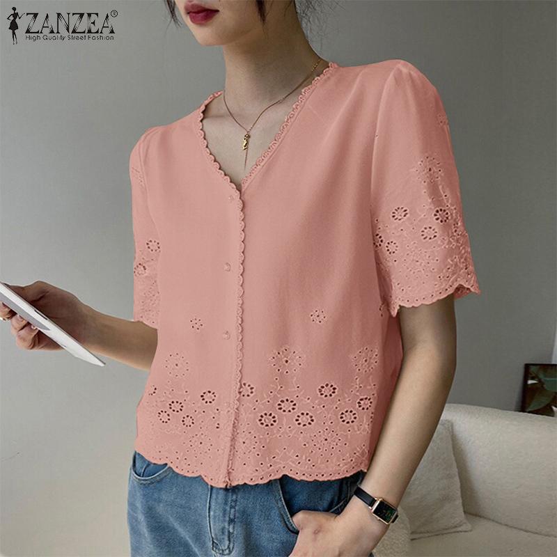 ZANZEA Blouse d'été décontractée à col en V pour femme, manches courtes, broderie dentelle