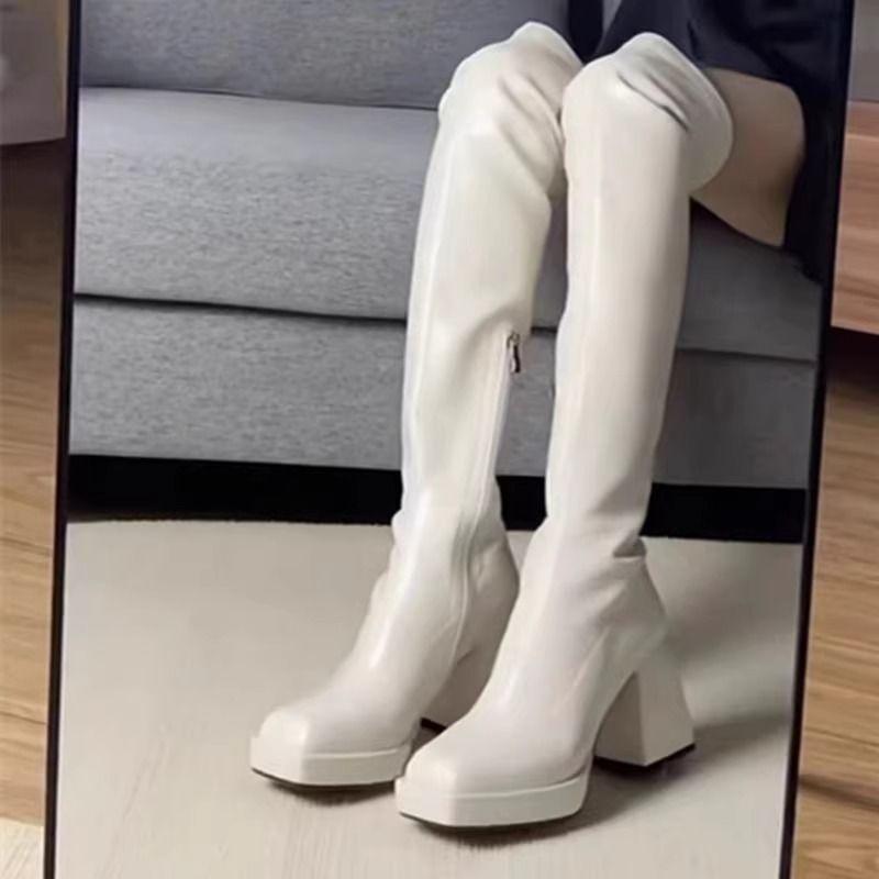 High-heeled Over-the-knee Boots for Women's 2025 Autumn and Winter New Small Slim Waterproof Table Square Head Thick-heeled White High Boots
