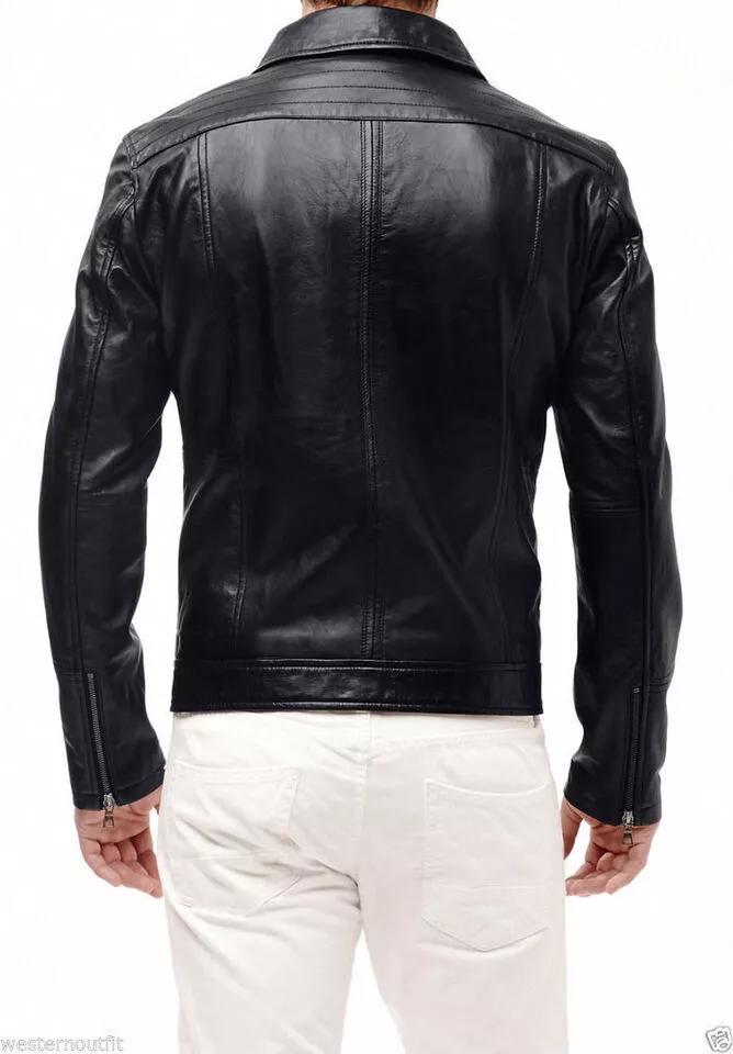 Black Men's Genuine Lambskin Leather Jacket Black Handmade Stylish Casual Biker