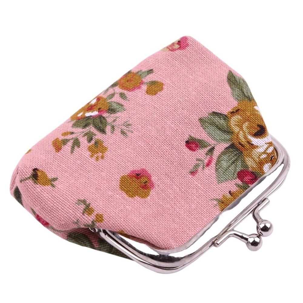 Portable Mini Coin Purse Canvas Rose Floral Print Clutch Wallet Metal Hasp Credit Card Holder for Women