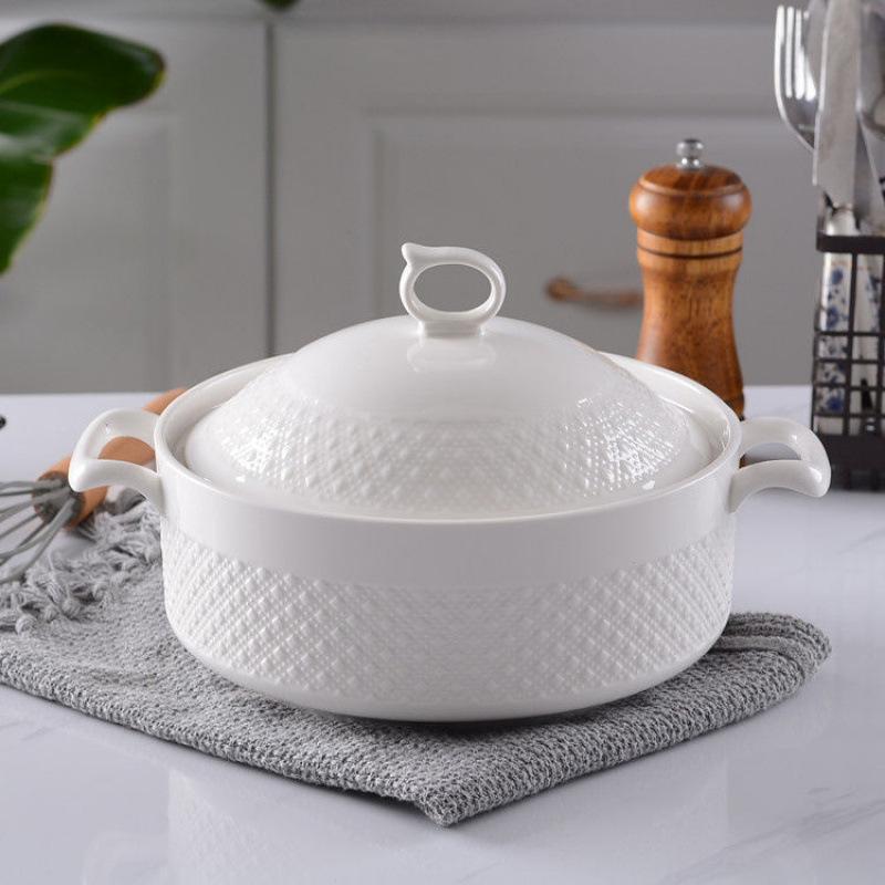 

Ceramic Double-Ear Covered Stew Pot - Large Capacity, Pure White, Microwave Safe Bowl for Soups and Rice.