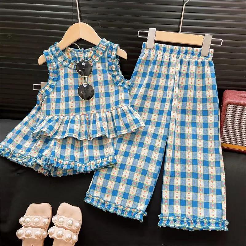 Летний комплект для девочек: Клетчатый топ без рукавов и брюки в корейском стиле 100