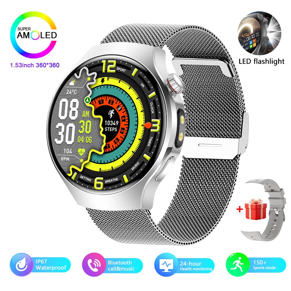 Outdoor Sports Men Smartwatch 1.53 360*360 HD AMOLED Screen LED Flashlight IP67 Waterproof Voice Call Smartwatch Gifts for Men