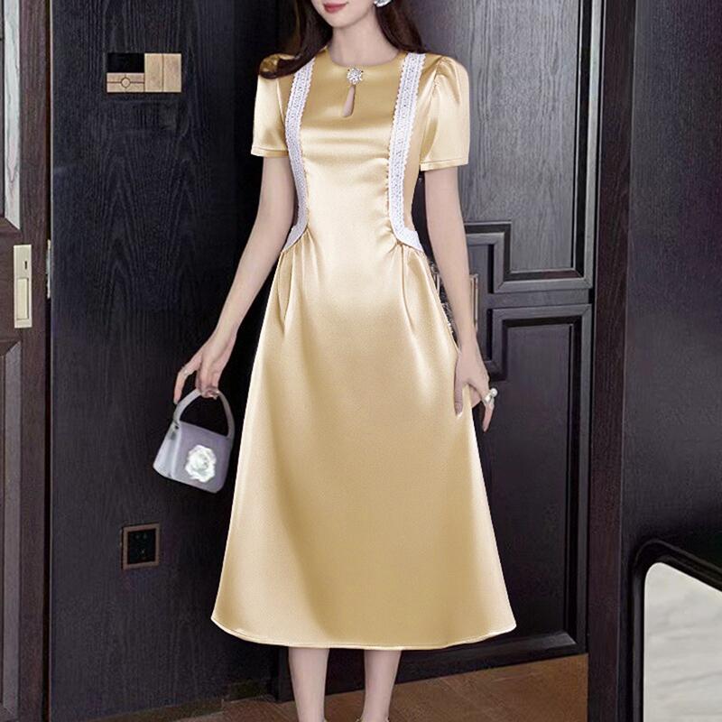 ZANZEA Women Elegant Lace Splice Casual Short Sleeve Satin Dress L абрикосовый
