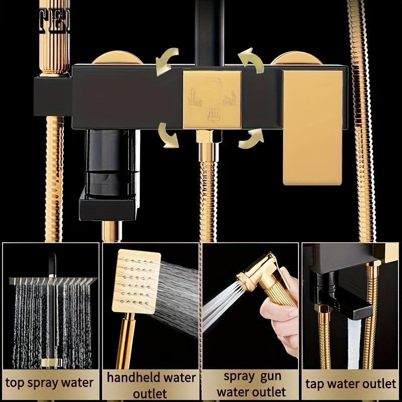 Black & Golden 4-Function Shower Set - Brass, Wall-Mounted with Handheld Spray Head, Dual Shower Heads for Enhanced Pressure