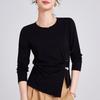 Crew Neck Front Shoulder Black Women's Spring and Autumn New Thin Irregular Split Hem Top Long Sleeve Women