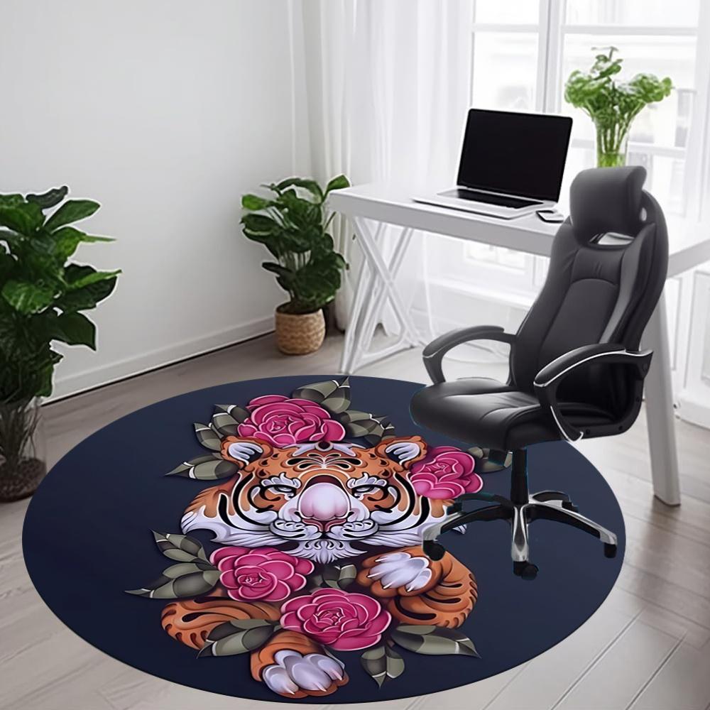 1PC Tiger Roses Office Round Rug, Non slip, Soft and Durable Office Rug for Interior Decoration, Perfect for Office