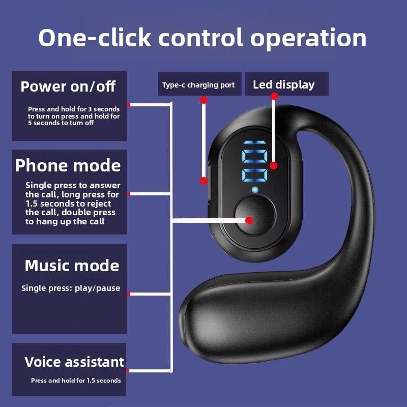 Digital Display Single Left Ear Hanging Bluetooth Headphones Ultra-long Battery Life, Button Version OWS, Non-in-ear Conduction, Wireless Sports