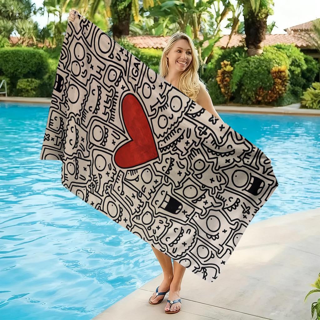 Simple Line Design Beach Towel Towel Full of Love Little Monster Super Absorbent Suitable for Beach Pool Summer Gift for Friends
