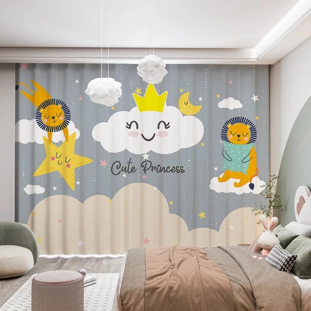 2Pcs Modern Simple Cartoon Cute Animals Bear Rabbit Star Ocean Star Boy Children's Room Decor Semi Blackout Curtain Grommet Top