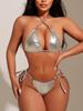 Damen Badeanzug Silber Neckholder Dreieck Tasche Sexy Rückenfrei Seitlich Binden Bikini Beachwear Badeanzüge