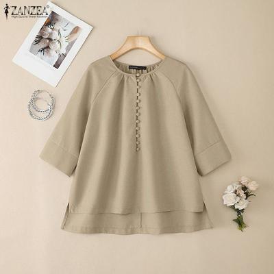 Women Round Neck 3/4 Sleeve Solid Color Loose Casual Blouse