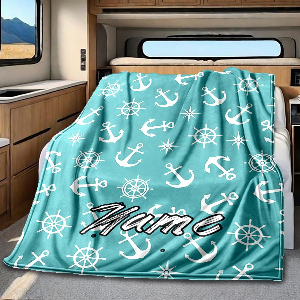 Nautical Anchor And Wheel Pattern Design Blanketcustomize Your Name Lightweight Comfortable And Stylish Blanket For Travel Bed Home Chair Office Sofa