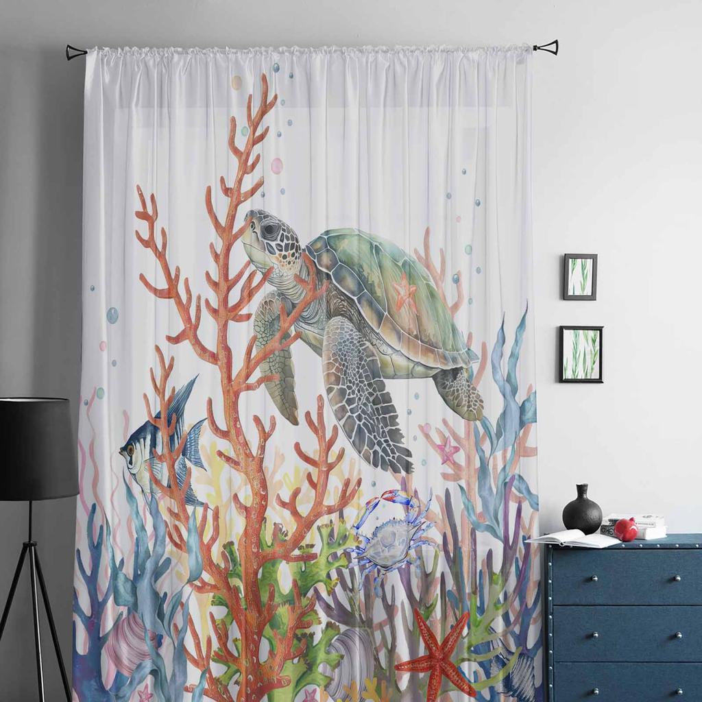 Turtle Coral Fish Starfish Crab Tulle Window Curtains for Bedroom Luxury Home Decor Drapes In Living Room Chiffon Panels